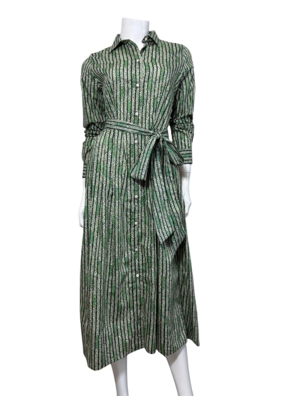 NWT Ann Mashburn Classic Shirtwaist Dress S Green Floral Stripe Cotton $495